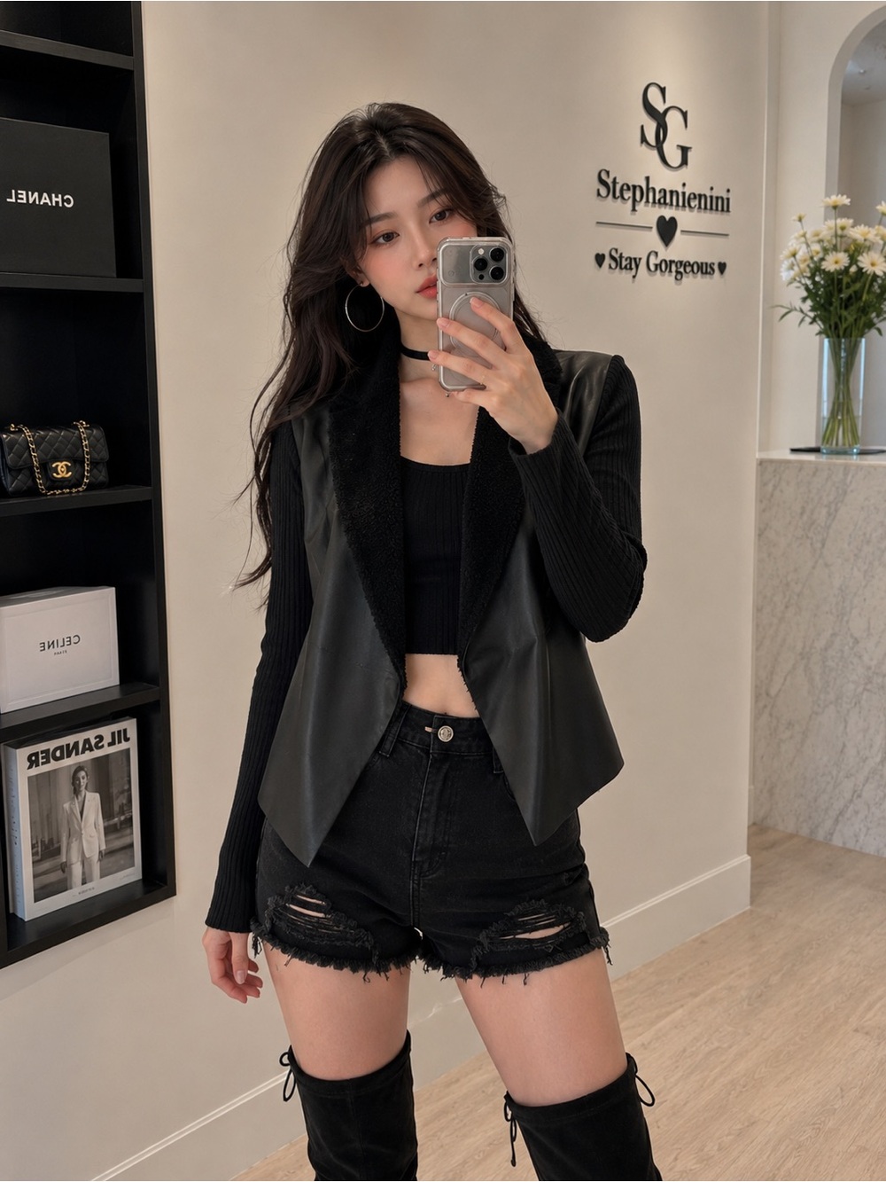 Stradivarius Black Faux Leather Shearling Trim Jacket